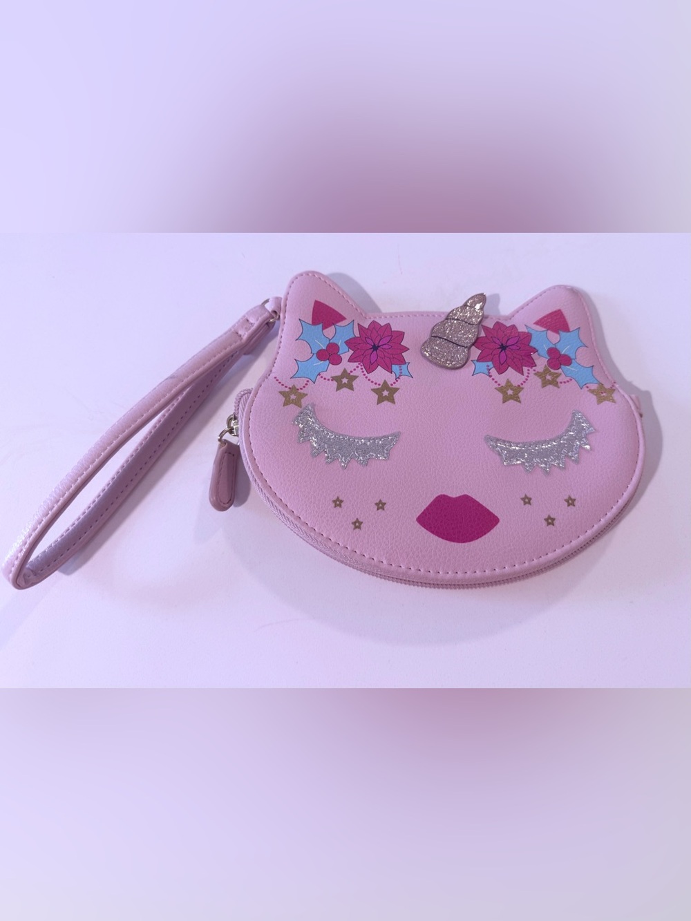 Betsey Johnson Pink Unicorn Cat Face Wristlet Clutch with Glitter Horn